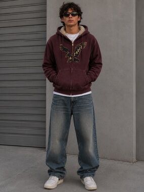 American Eagle Eagle Logo Sherpa Lined Zip Hoodie Burgundy Distressed Y2K Large